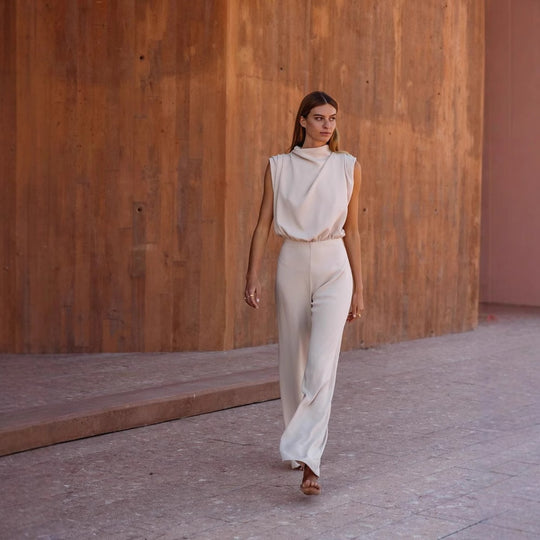 Damen Eleganter Jumpsuit mit hochgeschlossenem Kragen und weiten Beinen R&B