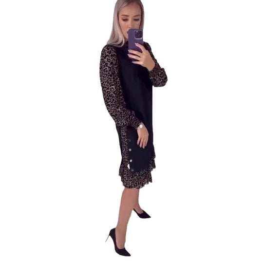 Damen nan zweilagiges Chiffon-Midikleid mit transparenten Tierprint-Ärmeln, Rüschen-Saum und seitlicher Knopfleiste R&B