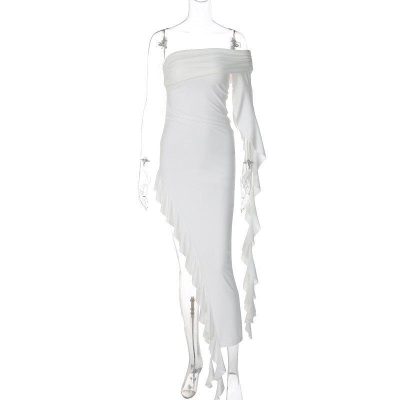 Damen elegantes Wickelkleid mit asymmetrischem Rüschendesign und dekorativem Oberteil R&B