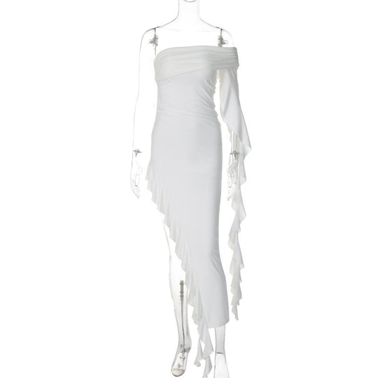 Damen elegantes Wickelkleid mit asymmetrischem Rüschendesign und dekorativem Oberteil R&B