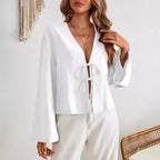Damen lässige Bluse mit tiefem V-Ausschnitt und schnürbarem Detail R&B