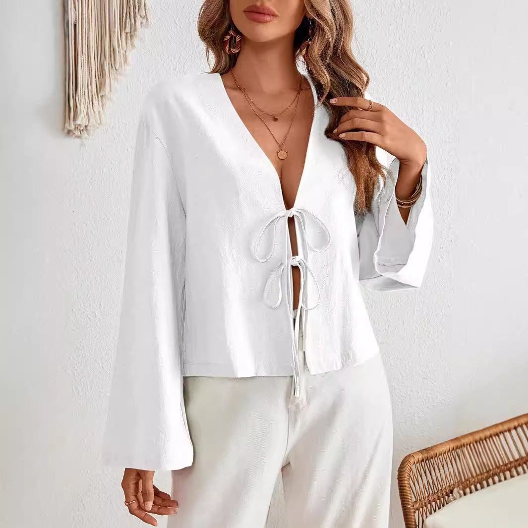 Damen lässige Bluse mit tiefem V-Ausschnitt und schnürbarem Detail R&B