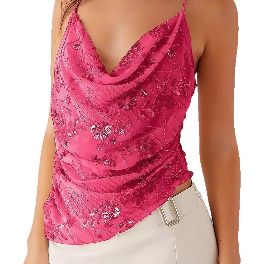 Damen Glamouröses Top mit tiefem Wasserfallausschnitt und funkelnden Pailletten R&B