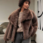 Damen Luxuriöse Kunstpelzjacke mit breitem Kragen R&B