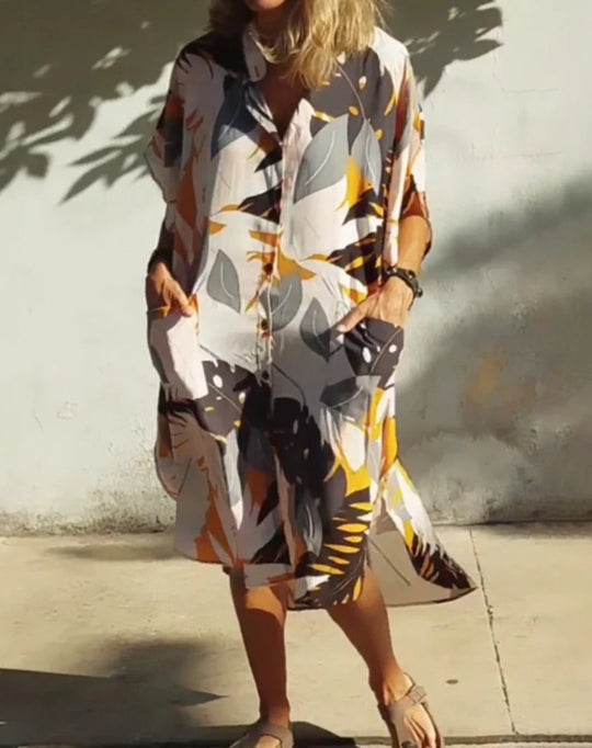 Damen Hemdblusenkleid im modischen Leaf-Design mit praktischen Taschen Heidi-Mode