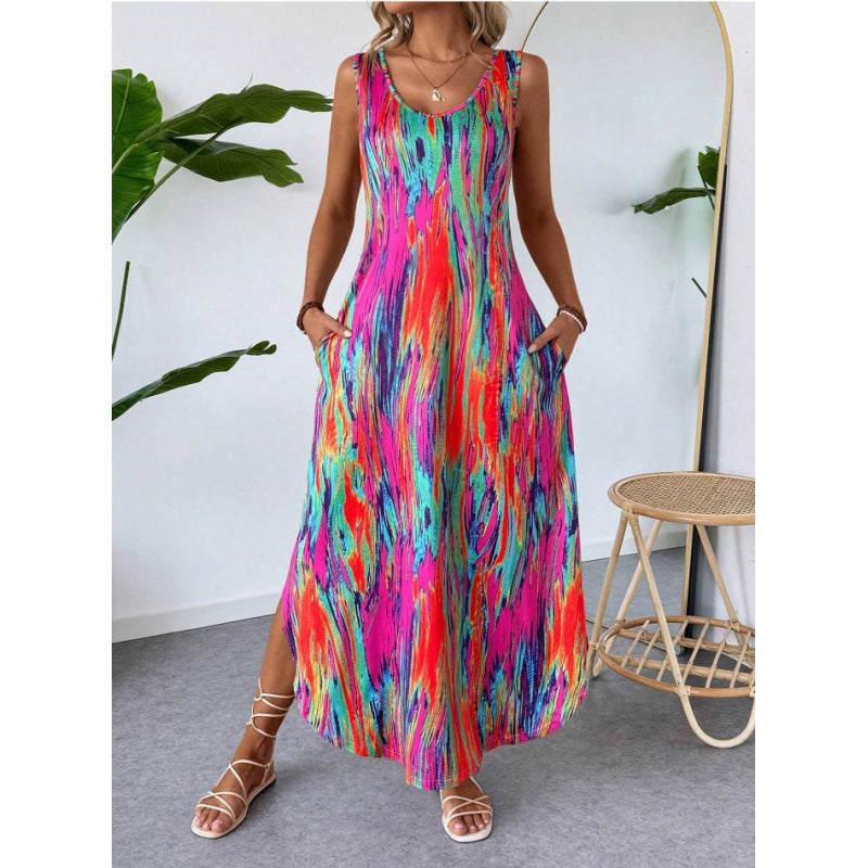 Damen Maxikleid mit seitlichen Taschen und modischem Streifenmuster R&B