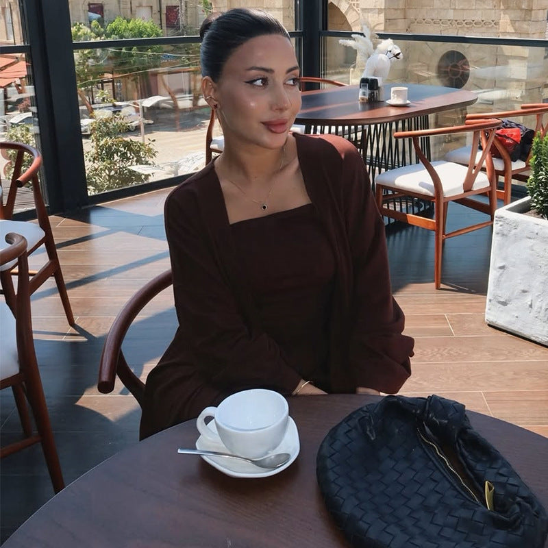 Damen Loungewear-Ensemble mit langem Kimono und schmalem Oberteil R&B