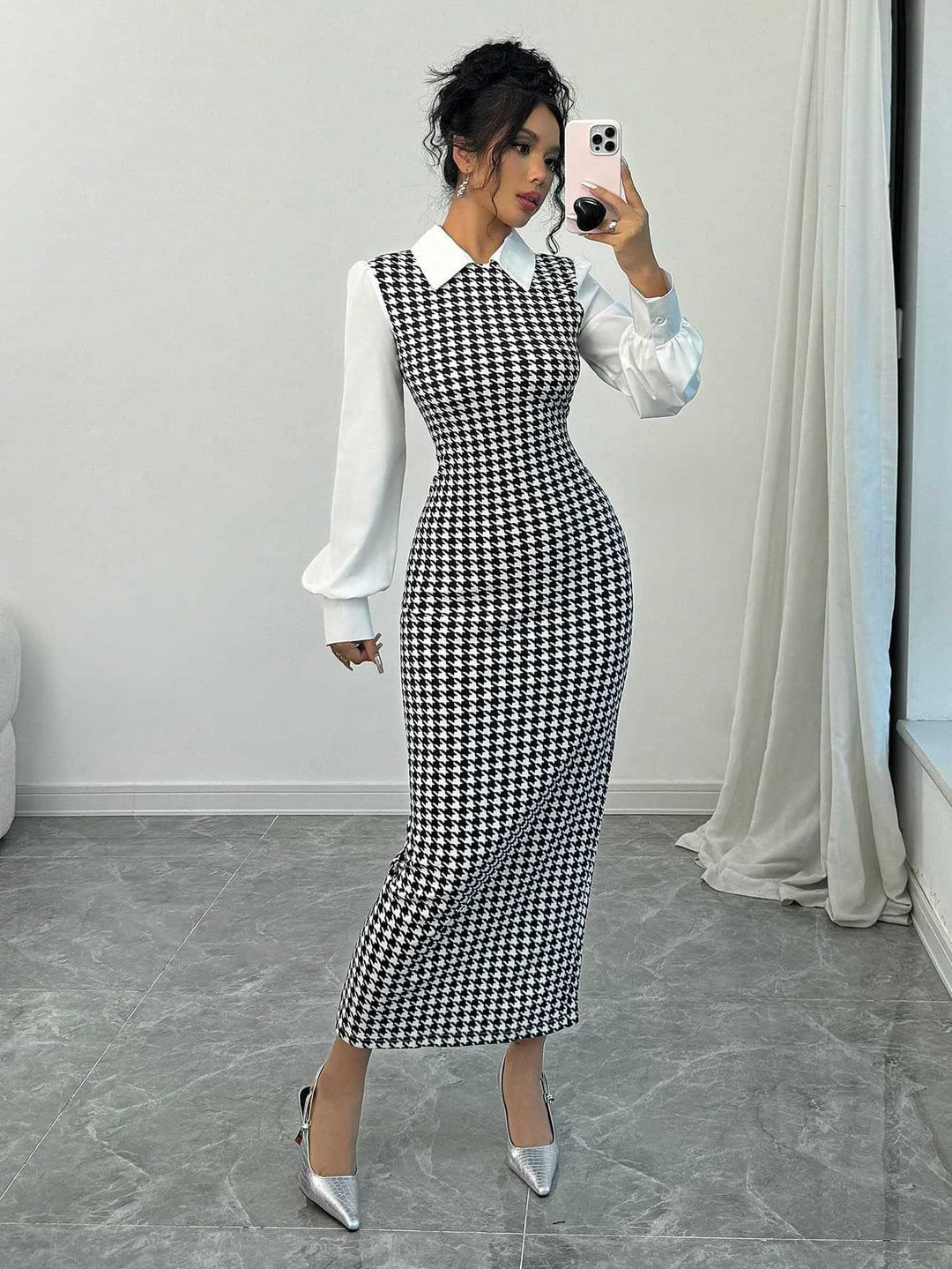 Damen elegantes Midirkleid mit glänzenden Puffärmeln R&B