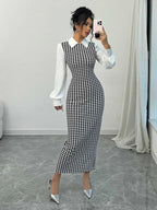 Damen elegantes Midirkleid mit glänzenden Puffärmeln