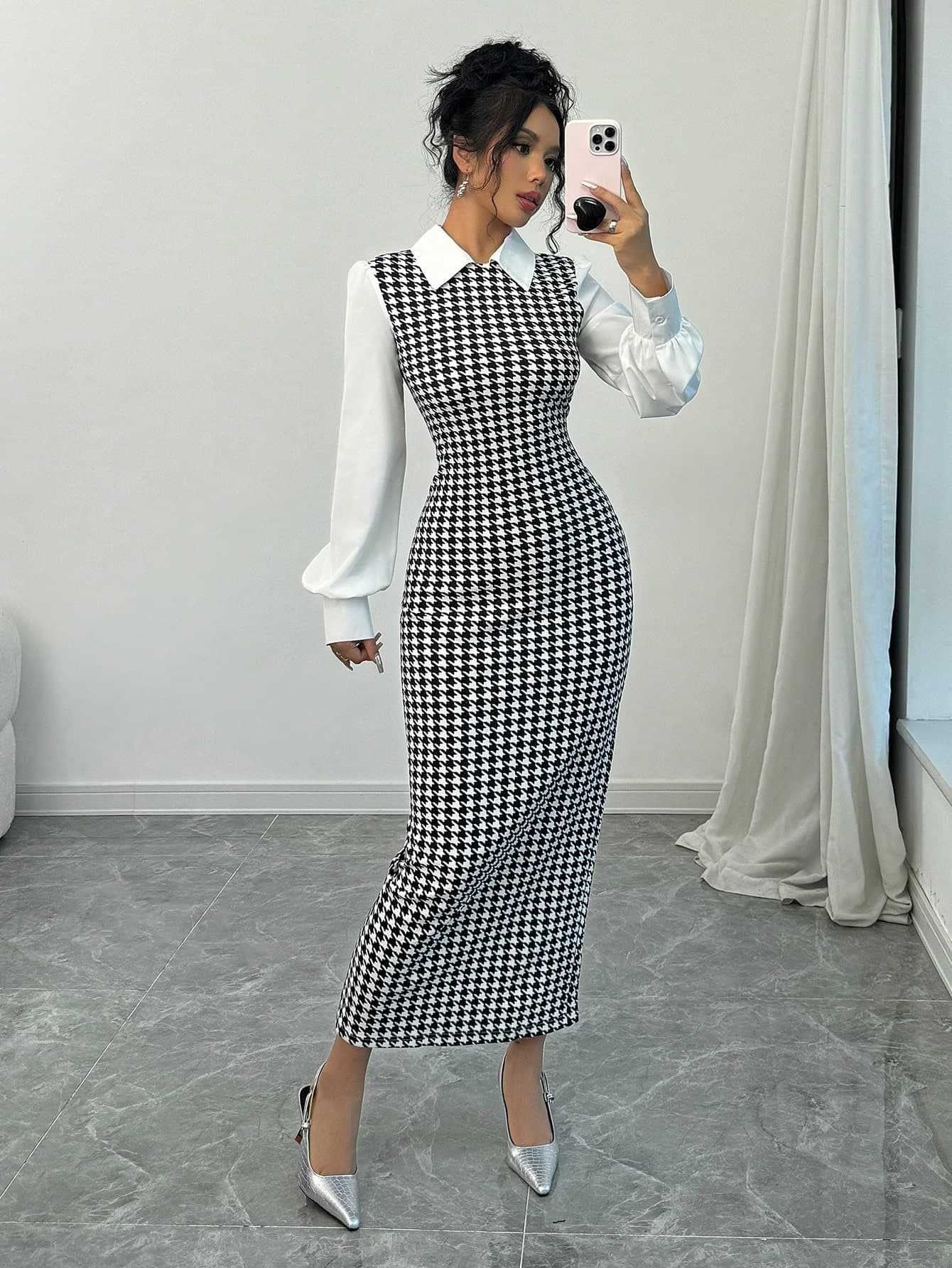Damen elegantes Midirkleid mit glänzenden Puffärmeln