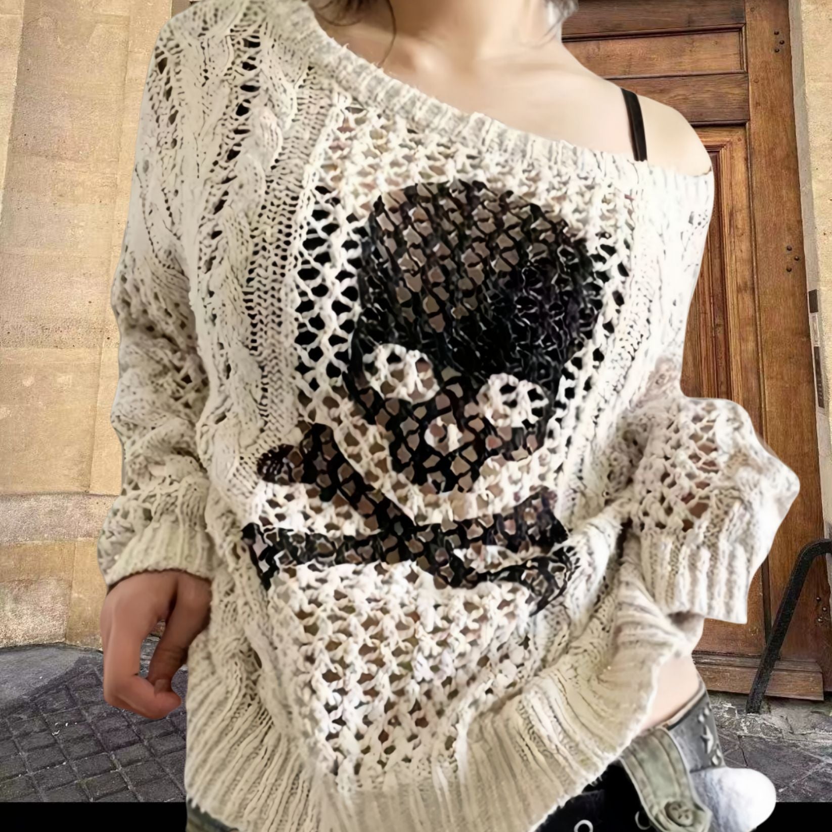 Damen Oversized Strickpullover mit kreativem Lochmuster und Anker-Design R&B