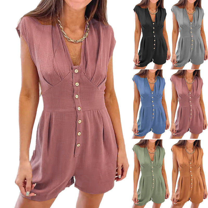 Damen kurzer Jumpsuit mit knopfverweiterndem Oberteil und ausgestelltem Schnitt R&B