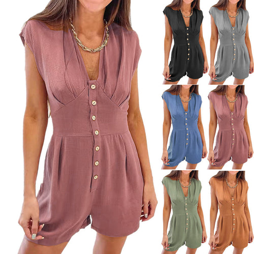 Damen kurzer Jumpsuit mit knopfverweiterndem Oberteil und ausgestelltem Schnitt R&B