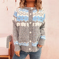 Damen gemütliche Strickjacke mit blauen Mustern und Knopfverschluss R&B