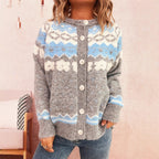 Damen gemütliche Strickjacke mit blauen Mustern und Knopfverschluss R&B
