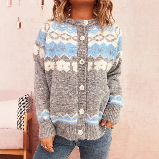 Damen gemütliche Strickjacke mit blauen Mustern und Knopfverschluss R&B
