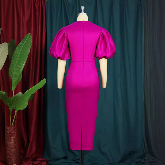 Damen figurbetontes Kleid mit Puffärmeln und Schlüssel-Ausschnitt R&B