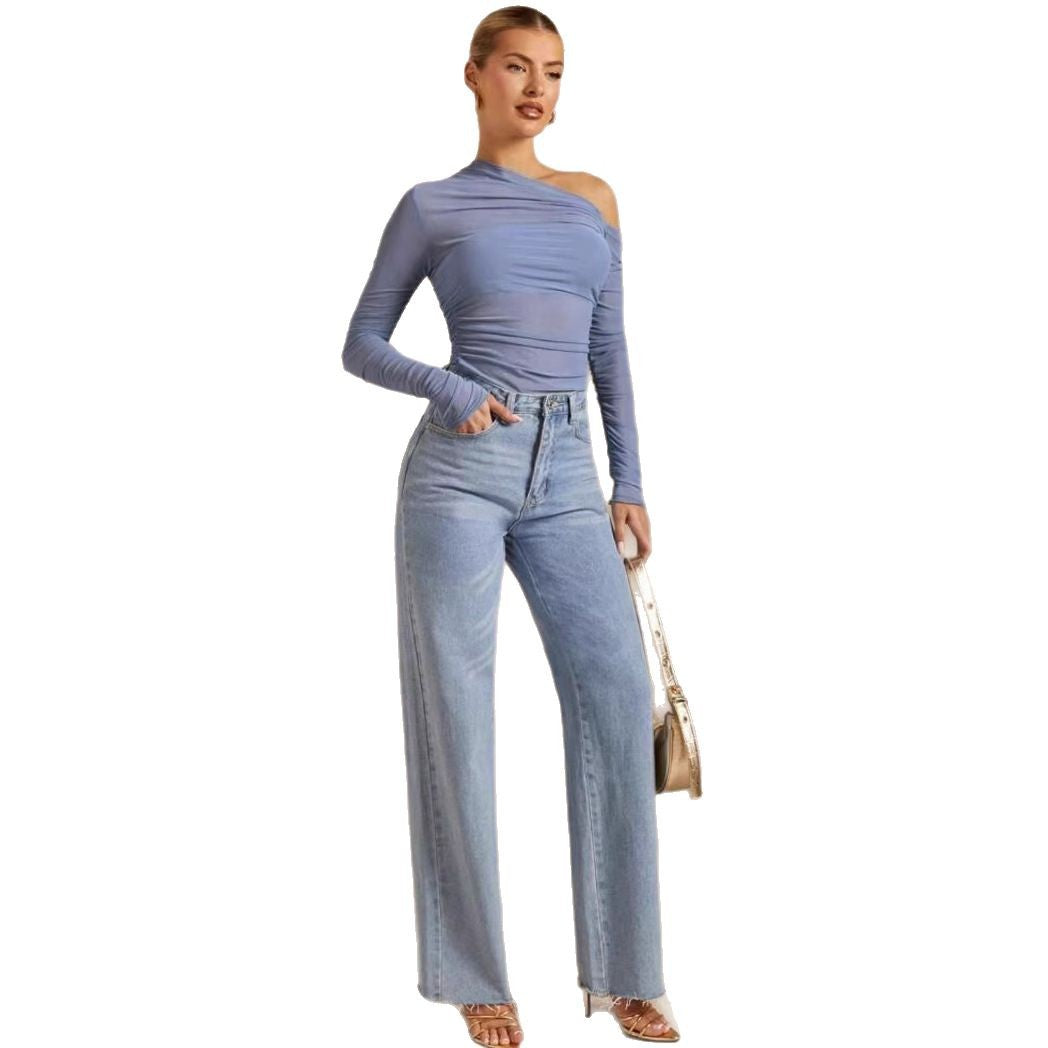 Damen Asymmetrischer Body mit Raffungen und langen Ärmeln R&B