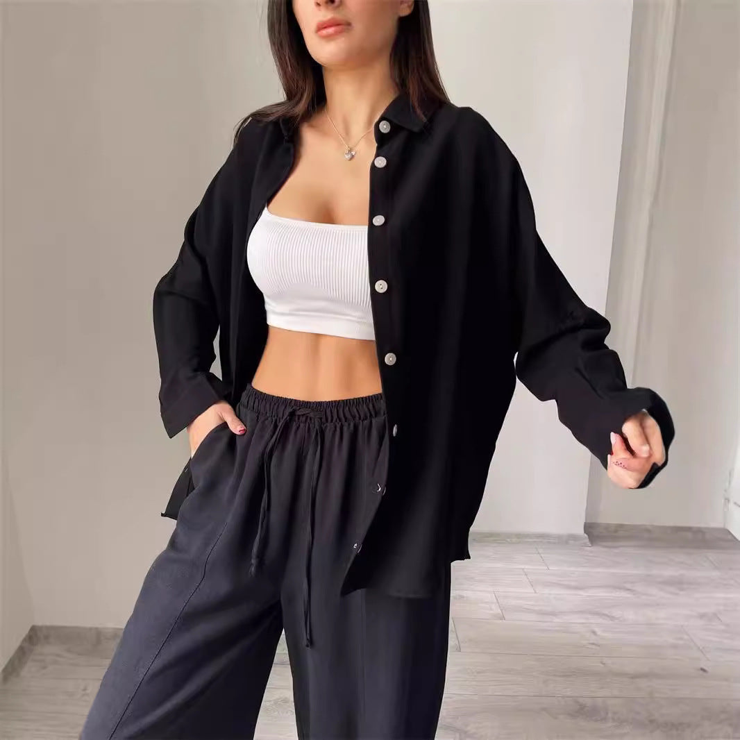 Damen Lässiger Zweiteiler aus leichtem Mischgewebe mit weiter Bluse und bequemen Hose R&B