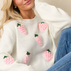 Damen Strickpullover mit Erdbeer-Applikationen und lässigem Schnitt