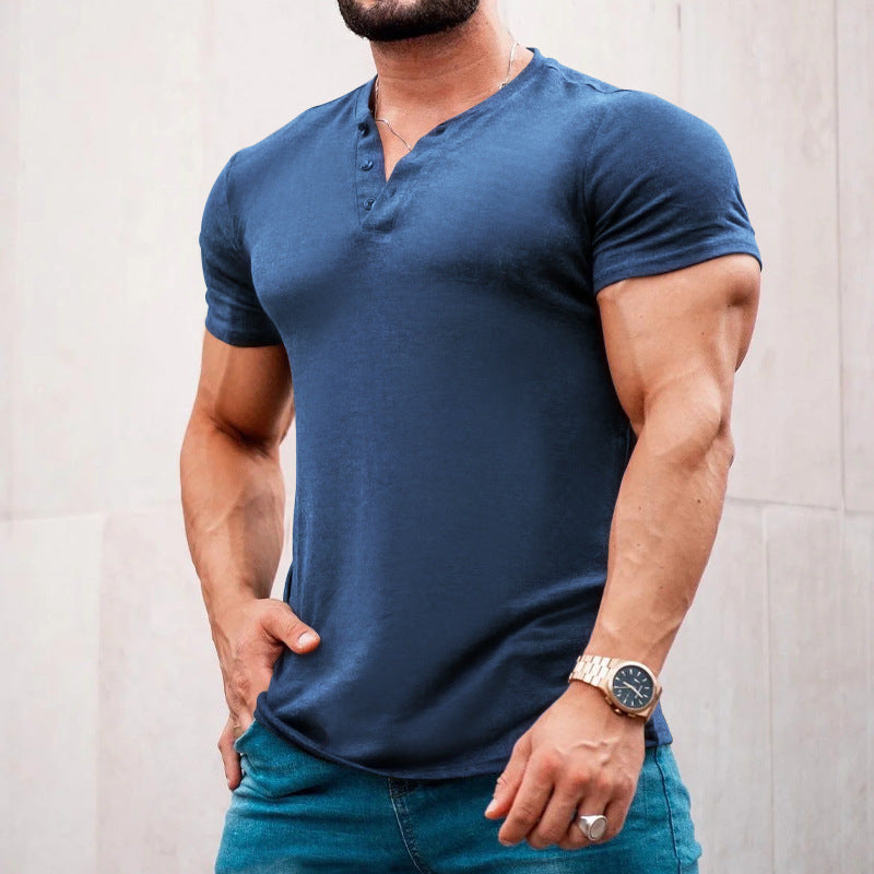 Herren nan muskelbetontes Kurzarmshirt mit Knopfleiste und V-Ausschnitt aus Baumwollstretch R&B