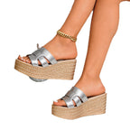 Damen Plateau-Pantoletten mit stilvollem Riemendesign und raffinierter Jute-Textur R&B