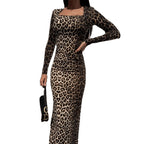 Damen Tierdruck Langarm Maxi Kleid
