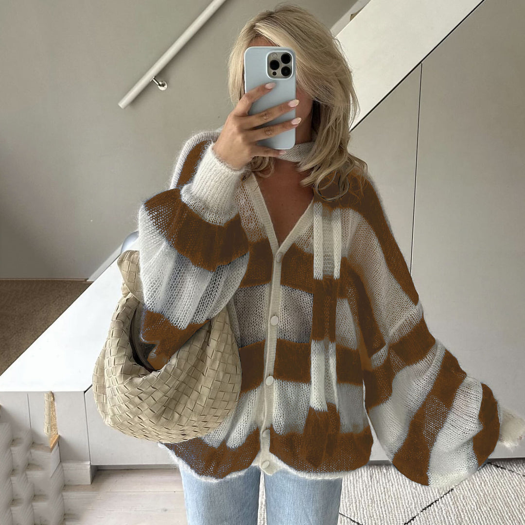 Damen Oversized Strickjacke mit modernen Streifen R&B