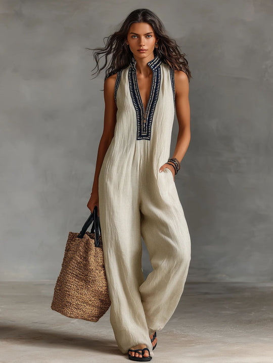 Damen luftiger Jumpsuit mit elegantem V-Ausschnitt und besticktem Kragen R&B