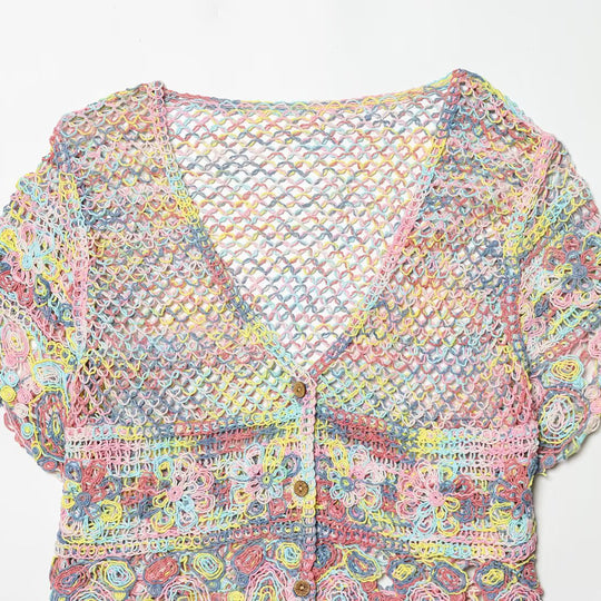 Damen luftiger Spitzen-Crochet-Cardigan mit buntem Häkelmuster R&B