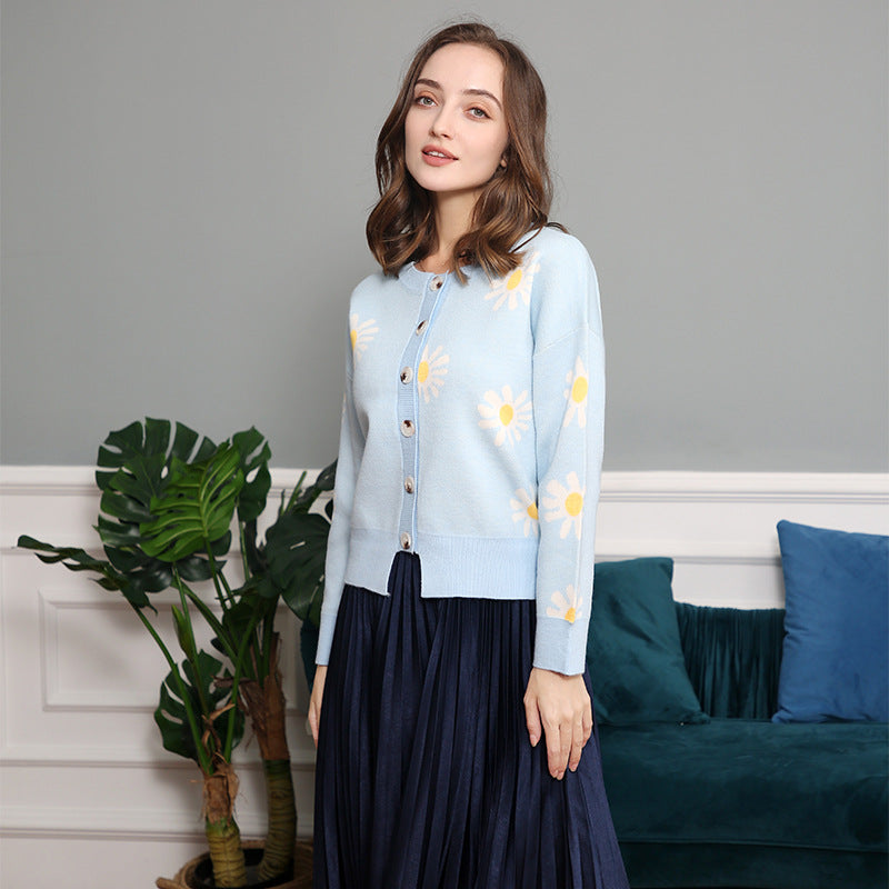 Damen modische Strickjacke mit floralem Muster und kurzen Ärmeln