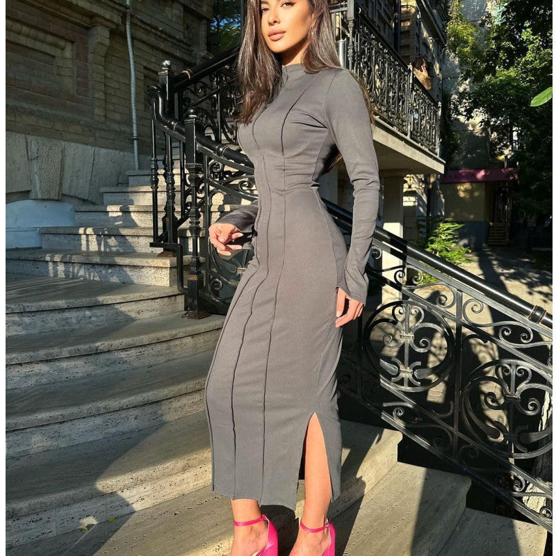 Damen figurbetontes Maxikleid mit schmalem Saum und langen Ärmeln R&B