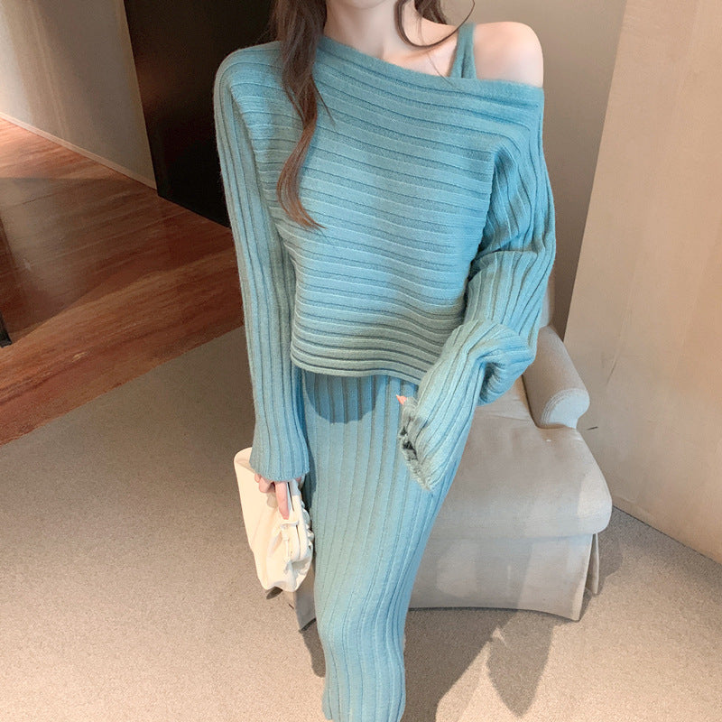 Damen Off-Shoulder Strickkleid im Rippdesign