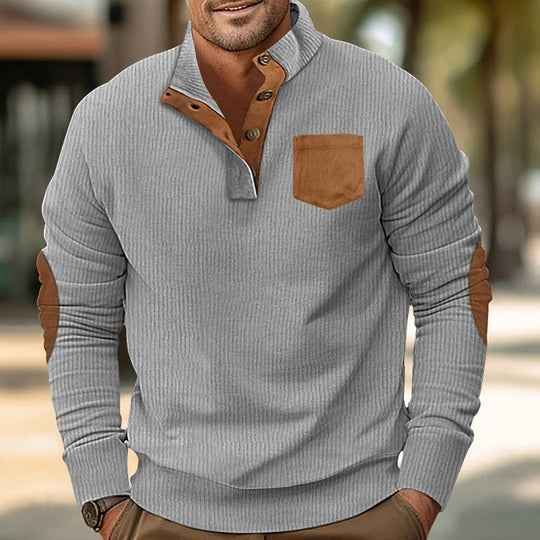 Herren eleganter Strickpullover mit Knopfleiste und kontrastierenden Ellbogenpatches R&B