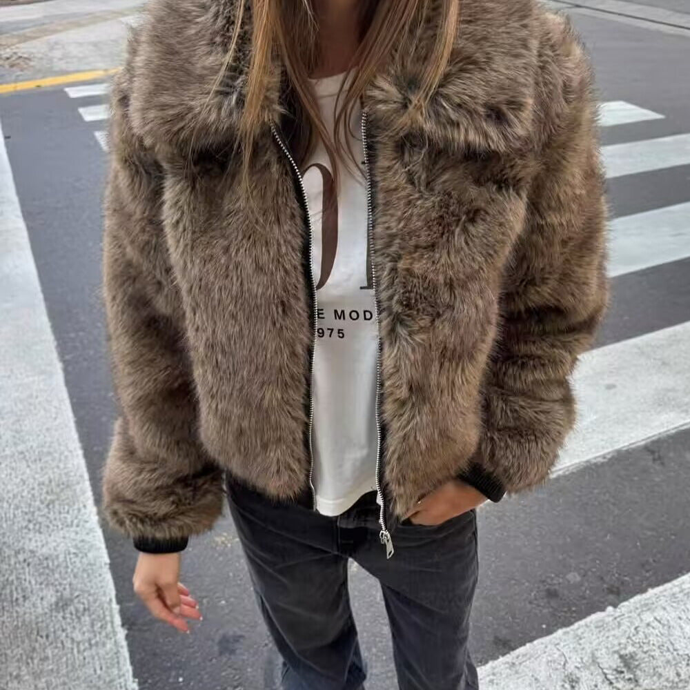 Damen modische Kunstpelzjacke mit asymmetrischem Schnitt R&B