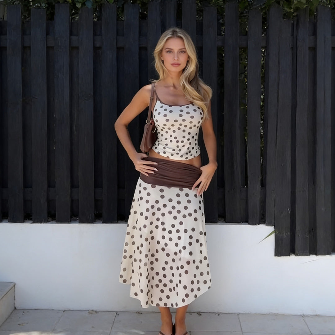 Damen Elegantes Polka-Dots Maxikleid mit figurbetontem Oberteil und schwingendem Rock R&B