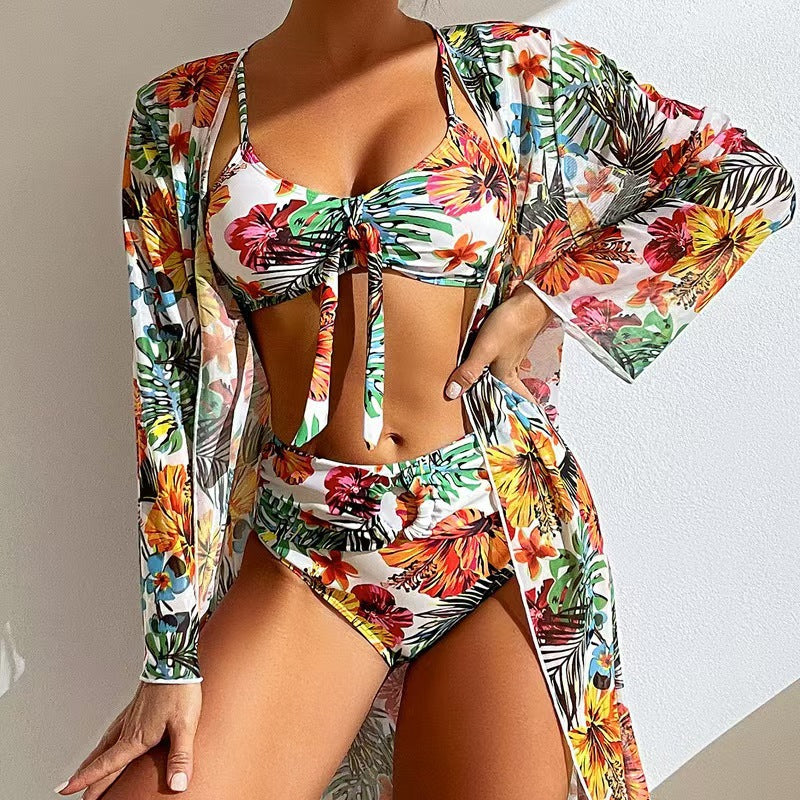Damen Bikini-Set mit floralen Mustern und luftiger Kimono-Überjacke R&B
