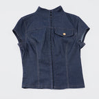Damen modische Kurzarm Denim-Bluse mit eleganter Knopf-Detailierung R&B