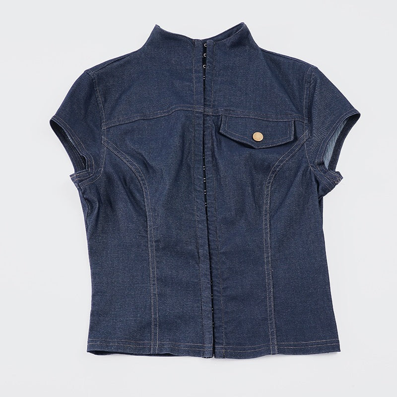 Damen modische Kurzarm Denim-Bluse mit eleganter Knopf-Detailierung R&B