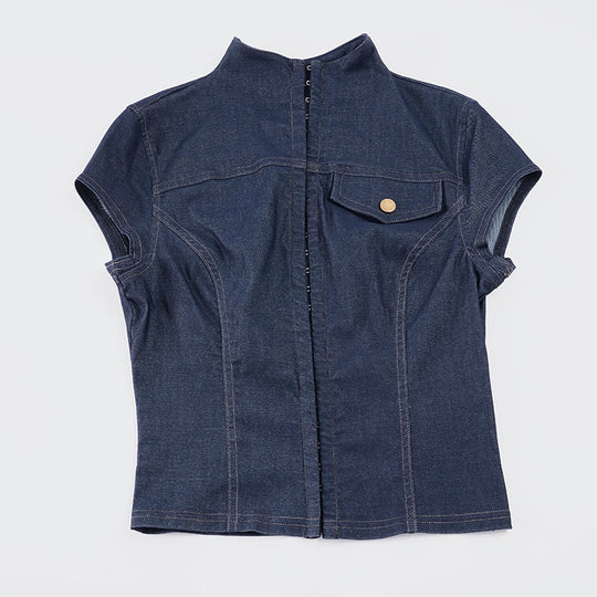 Damen modische Kurzarm Denim-Bluse mit eleganter Knopf-Detailierung R&B