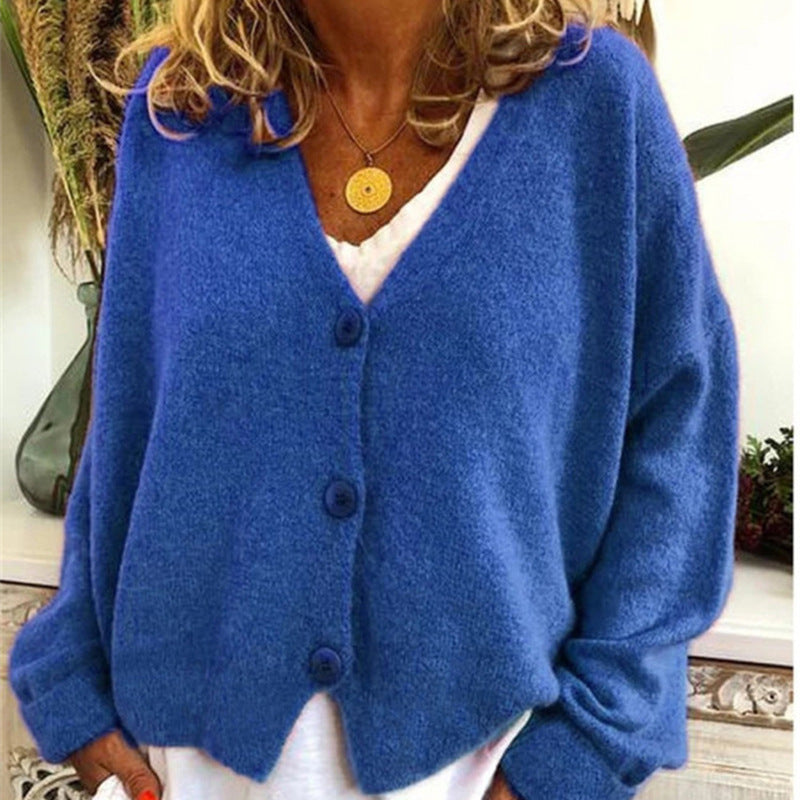 Damen lässiger Strickcardigan mit tiefem V-Ausschnitt und großen Knöpfen R&B