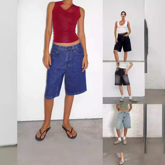 Damen lässige Denim-Shorts mit weitem Schnitt und hohen Seitentaschen R&B