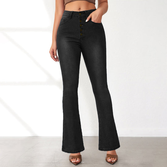 Damen Flared Jeans mit hohem Bund und Knopfdetail R&B