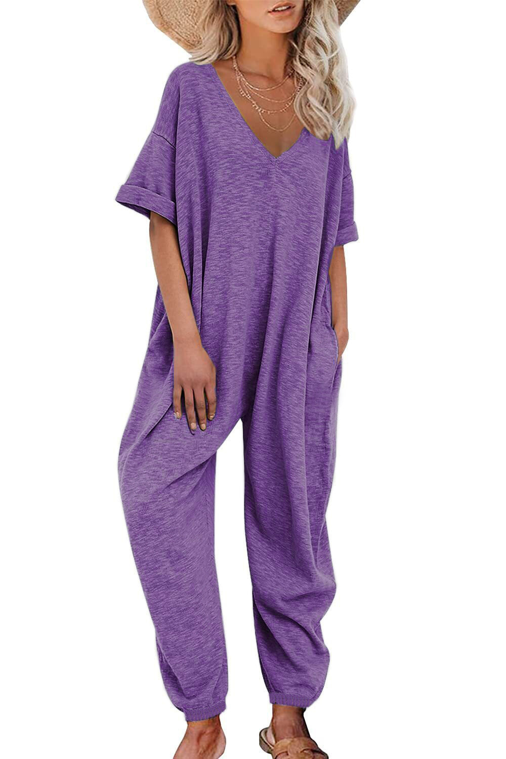 Damen Oversized Jumpsuit mit tiefem V-Ausschnitt und lässigen Taschen R&B