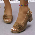 Damen Offene Zehen-Sandalen mit floralem Lochdesign und bequemen Blockabsatz R&B