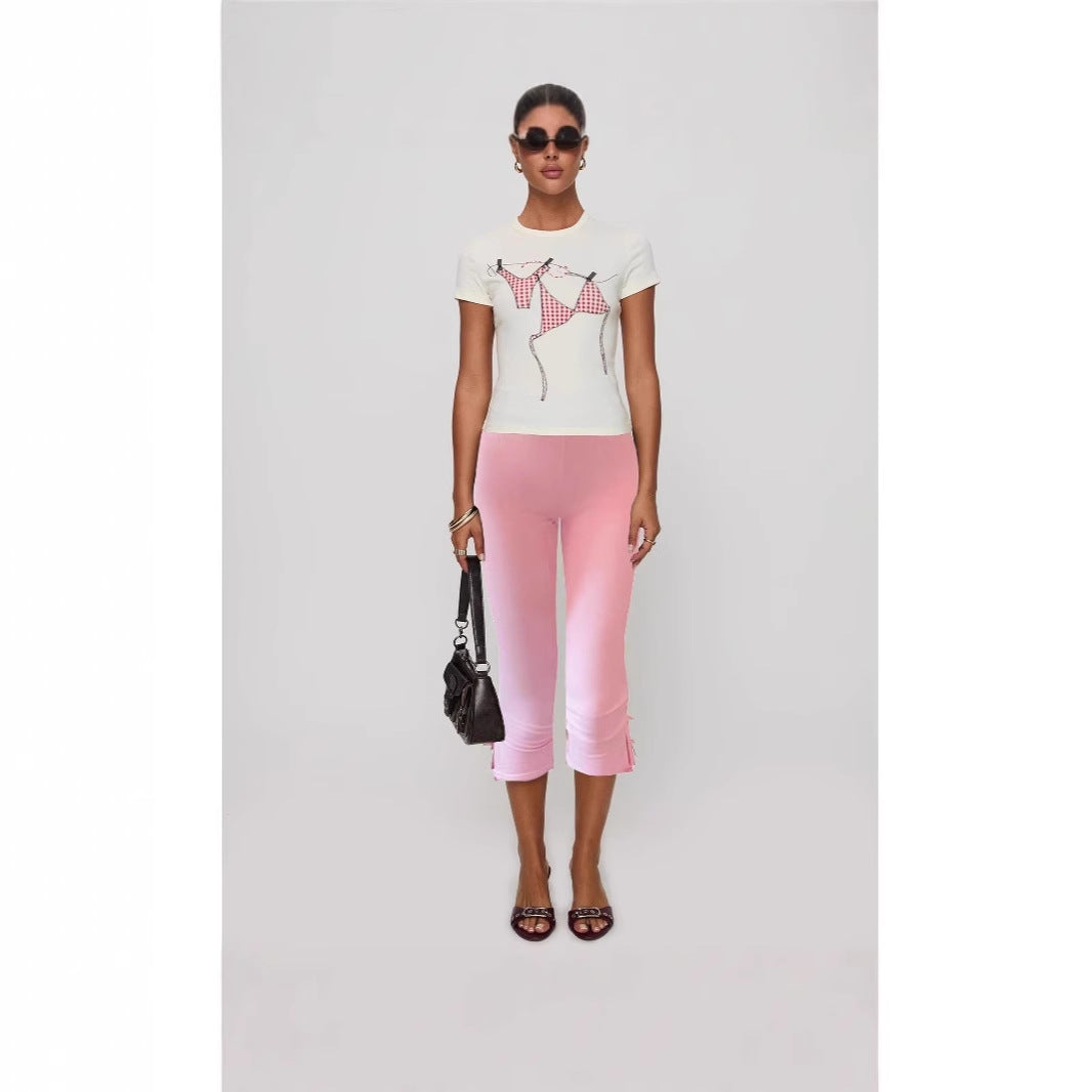 Damen T-Shirt mit kreativem Druck und figurbetontem Schnitt R&B