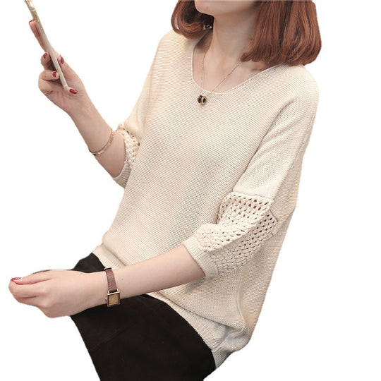 Damen lockerer Strickpullover mit raffinierter Lochmuster-Ärmeln R&B