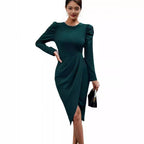 Damen elegantes Wickelkleid mit Puffärmeln und asymmetrischem Saum R&B