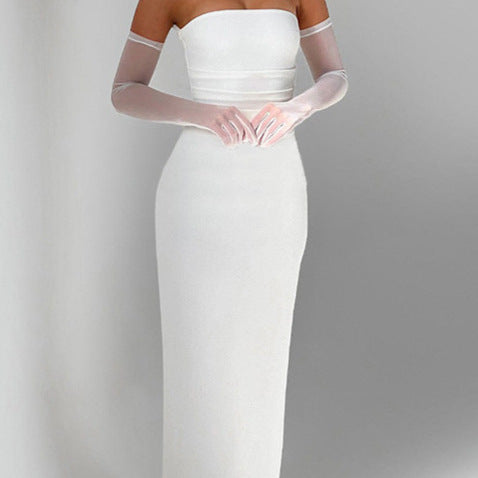 Damen Strapless Maxi-Kleid mit transparenten Ärmelakzenten und figurbetontem Schnitt R&B