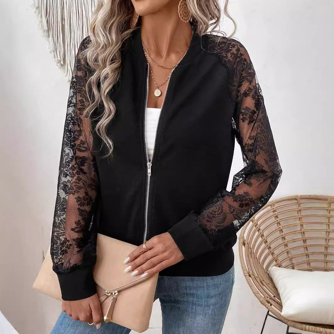 Damen nan leichte Bomberjacke mit floralen Spitzenärmeln und Reißverschluss R&B